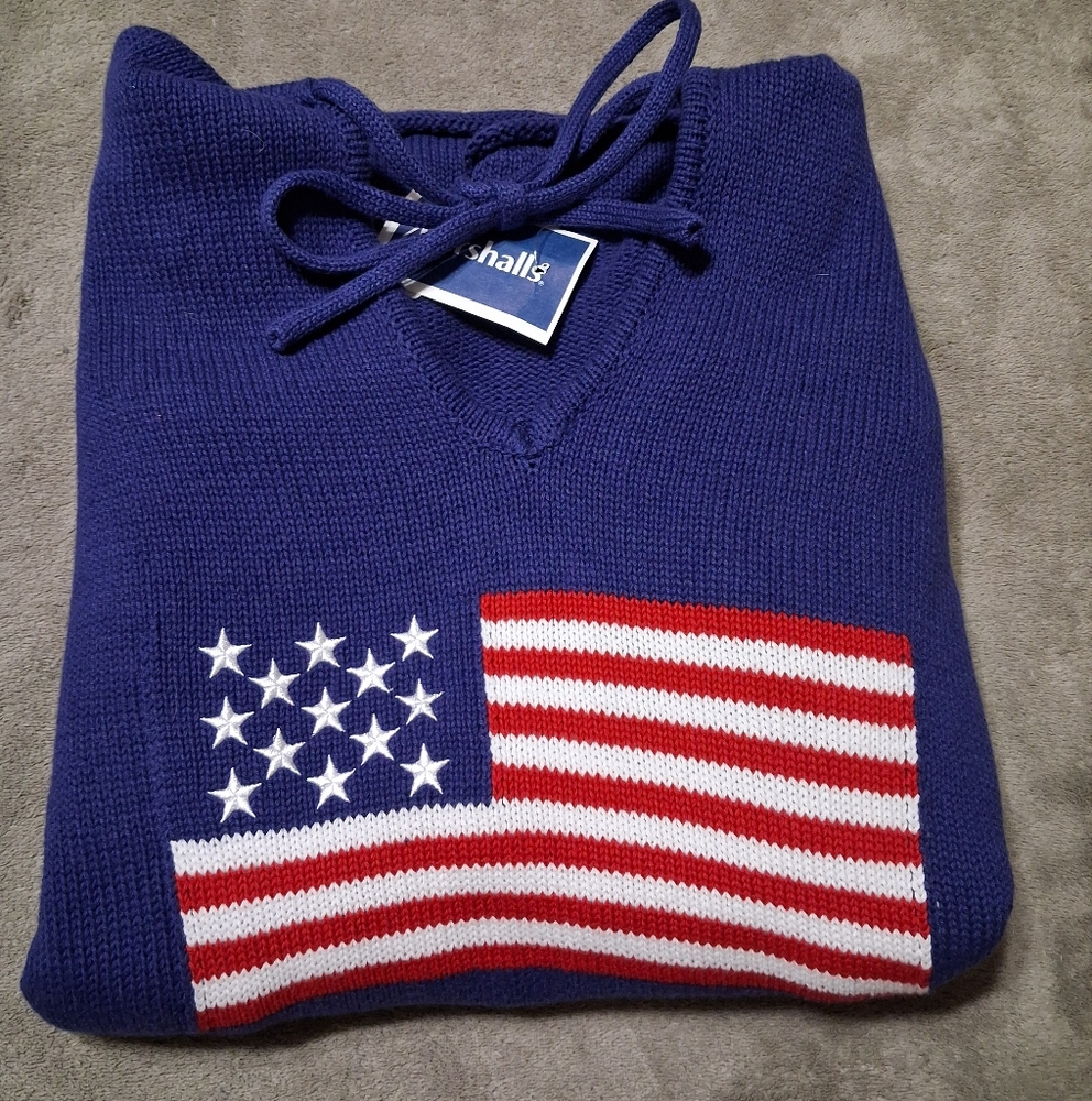 BRIT.NY Knitted V Neck Hooded Navy American flag Americana Sweater Patriotic NWT